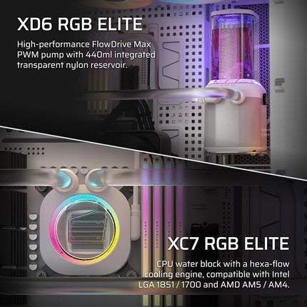 Corsair iCUE LINK XH505i RX 360 RGB Custom Cooling Kit – XC7 ELITE CPU Water Block, XD6 ELITE Pump Reservoir, 3x RX120 RGB Fans, XR5 360mm Radiator, iCUE LINK System Hub – White