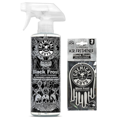 Chemical Guys Black Frost Air Freshener and Odor Eliminator, 16 fl oz Spray with 3 Pack of Hanging Air Fresheners (Great for Cars, Trucks, SUVs, RVs, Home, Office, Dorm Room & More) - HOL432