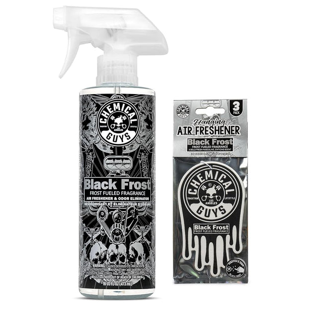 Chemical Guys Black Frost Air Freshener and Odor Eliminator, 16 fl oz Spray with 3 Pack of Hanging Air Fresheners (Great for Cars, Trucks, SUVs, RVs, Home, Office, Dorm Room & More) - HOL432