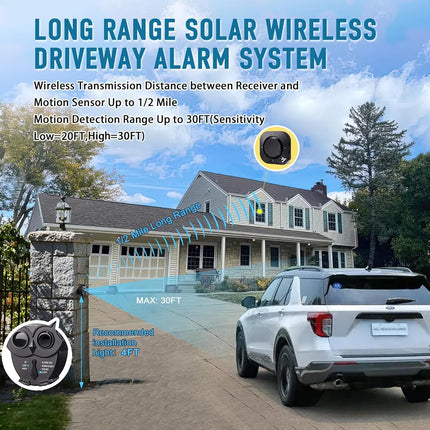 1/2 Mile Long Range Solar Wireless Driveway Alarm System IP65 Weatherproof Outdoor Motion Detectors&Sensor 120dB Siren Sound Light Security Alert System Monitor&Protect Outdoor/Indoor Property(1R2S)