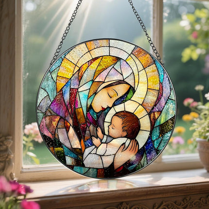 Baby Jesus and The Holy Mother Mary Sun Catcher, 8 Inch Stained Glass Window Hanging, Stained Glass Decor, Christian Home Decor, Christian Gifts for Women, Religious Gifts for Women