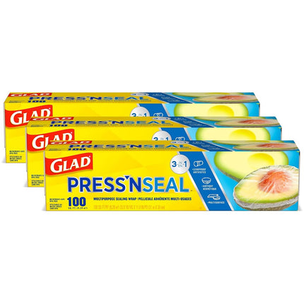 Glad Press'n Seal Plastic Food Wrap - 100 Square Foot Roll - 3 Pack