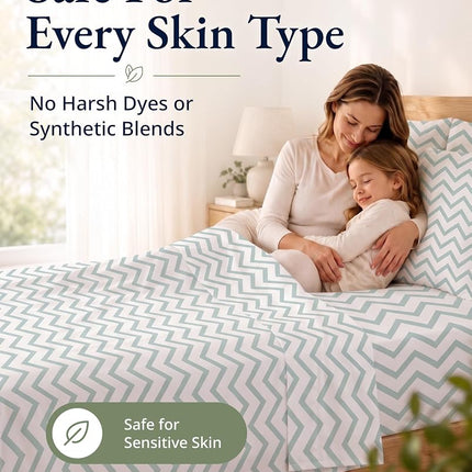 LANE LINEN 100% Organic Cotton Twin XL Fitted Sheet, 2-Piece Set (1 Fitted Sheet, 1 Pillowcase), Percale Weave, Lightweight, Soft, Breathable, Fits Mattress Upto 15' Deep - Cool Blue Chevron