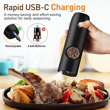 Electric Salt and Pepper Grinder Set, Rechargeable Automatic Pepper Mill Grinder with LED Light, Adjustable Coarseness shakers, One-Hand Operation for Kitchen(2 Pack,Black+Black)
