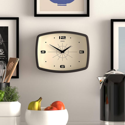 JONES CLOCKS® Movie wall clock | Rectangular retro clock | 25cm | Mocha brown | Cool mid-century designer look for kitchen, living room or office
