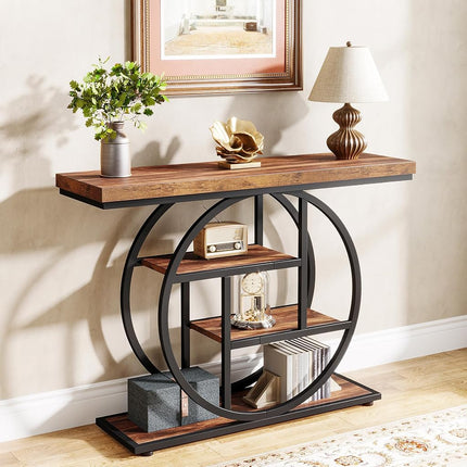 Tribesigns 105cm Console Table, 4-Tier Entryway Console Table with Geometric Base, Narrow Hall Table with Storage Shelves for Living Room, Hallway, Foyer, Rustic Brown