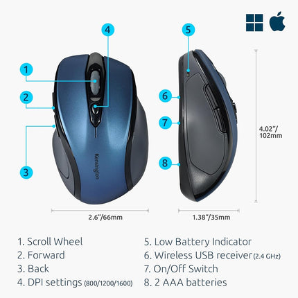 Souris sans fil Kensington Pro Fit – Souris de bureau sans fil optique de taille moyenne à 5 boutons avec forme ergonomique pour droitier et installation Plug & Play – Compatible avec Windows et macOS – Bleu