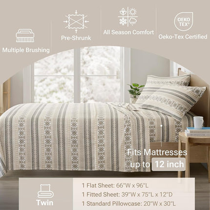 SLEEP PHILOSOPHY True North Flannel Sheets Twin Size, Cozy 100% Cotton Flannel Bed Sheets, Ultra Soft Cute Sheet Set, Elastic Pocket Fits Up to 12" Mattress, Nordic 3 Piece