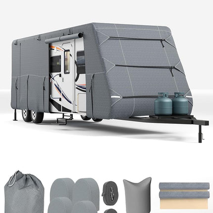 Garvee Travel Trailer RV Cover, Extra-Thick Upgraded 7 Layers for Camper Cover 24'-27', with Adhesive Repair Patches, 2Pcs Windproof Straps & 4 Tire Covers