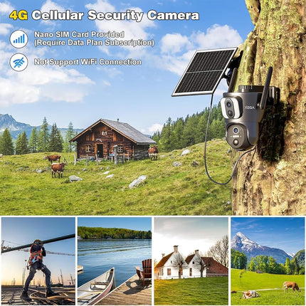 Xega 4G【Dual Lens】 Security Camera Outdoor with SIM Card, 14400mAh Solar Powered Wireless No WiFi Security Camera, 2K HD PTZ CCTV with Human Detection Spotlight Siren Alert TF Cloud Storage IP66