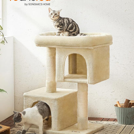 Feandrea Cat Tree Tower, 84 cm, L, Condo for Large Cats up to 16 lb, Large Perch, 2 Caves, Scratching Post, Beige UPCT61M