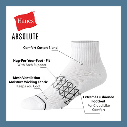 Hanes Men's Absolute Active Cushioned Ankle, Moisture Wicking Socks, Seamless Toe, 4-Pack, White/Color Accents, 4.5-12 UK
