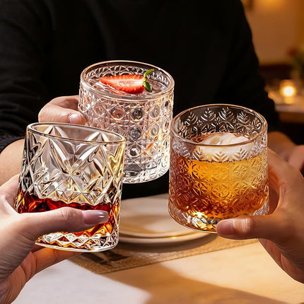 CEEFU Old Fashioned Whiskey Glasses with 360° Rotating Base, Set of 2 (2 Crystal Glasses Set, 2 Big Ice Ball Molds) In Gift Box - Bourbon, Cocktail, Rocks, Bday Gifts Ideas for Men, Ice Crackle