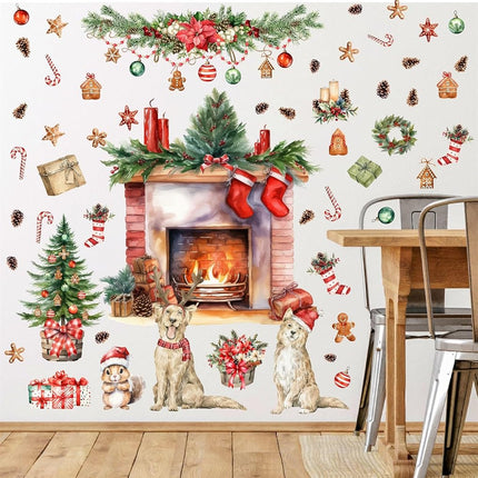 Christmas Wall Decals Merry Christmas Wall Stickers Fireplace Stickers Christmas Pine Tree Decals for Wall Removable Winter Animals Wall Art Decals for Christmas Party Supplies Living Room Home Decor