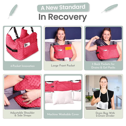 MOYOAMA Post Mastectomy Pillow – Hands-Free Protection with Secure Strap & Easy-Clean Washable Cover Breast Surgery Must Haves,Breast Reduction Recovery Supplies,Breast Augmentation, Bloom Red