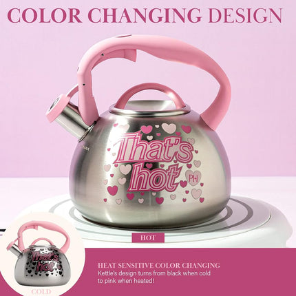 Paris Hilton Whistling Stovetop Tea Kettle, Stainless Steel with Color Changing That's Hot Heat Indicator Design, Soft Touch Handle, 2.5-Quart, Pink
