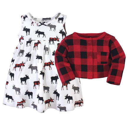 Hudson Baby Baby Girls' Cotton Dress and Cardigan Set, Buffalo Plaid Moose, 4T