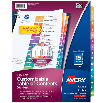 Avery 15 Tab Dividers for 3 Ring Binders, Customizable Table of Contents, Multicolor Tabs, 1 Set (11143)