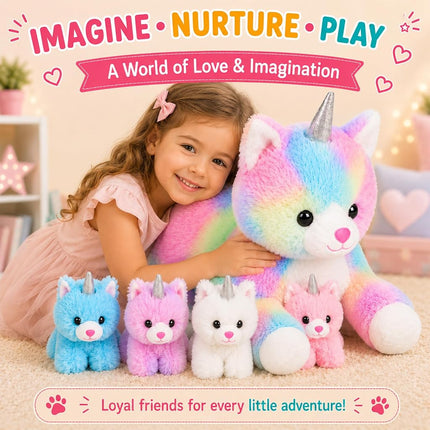 PixieCrush Snugababies Unicorn Kitty Cat Stuffed Animals for Girls Ages 3 4 5 6 7 8 Years; Stuffed Mommy Unicorn Kitty Cat with 4 Baby Unicorns in her Tummy; Toy Unicorn Pillows for Girls