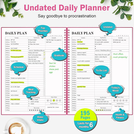 Planner Undated, Asten Daily Agenda with to Do List, Hourly Schedules for Women and Men, Spiral Appointment Book Elastic Closure, Inner Pocket 8.5'' x 11'' (Pink) RIJIHUABEN-A4-Fen