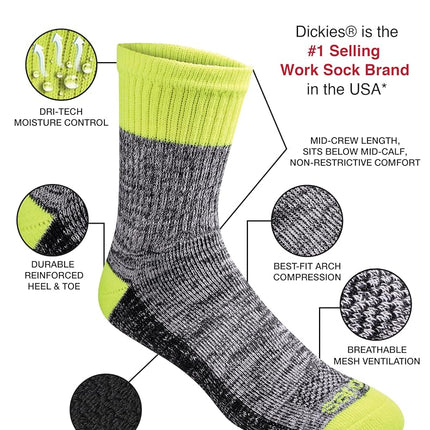 Calcetines para hombre Dickies Dri-Tech Mid-Crew de longitud cómoda con control de humedad, disponibles en M-XL (6, 12 pares), longitud cómoda de alta visibilidad surtidos (6 pares), grandes