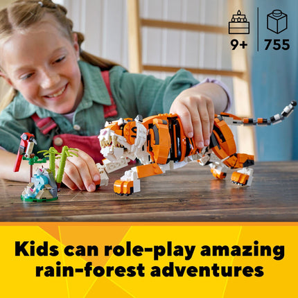 Set de Construcción LEGO Creator 3in1 Tigre Majestuoso 31129; Juguetes de Animales para Niños, con un Tigre, un Panda y un Pez Koi; Regalos Creativos para Niños de 9+ Años a los que les Encanta el Juego Imaginativo (755 Piezas)