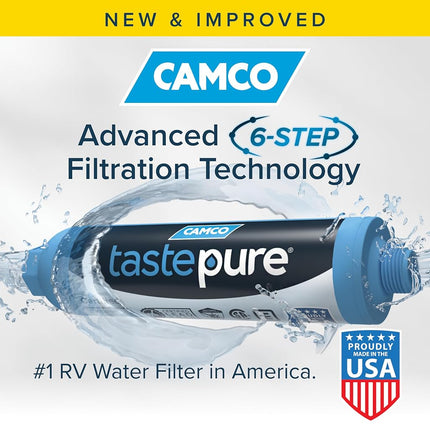 Camco TastePURE RV Inline Water Filter - Advanced with Flexible Hose Protector - GAC & KDF - Made in USA - Camping Essentials for Fresh Drinking Water (40043)