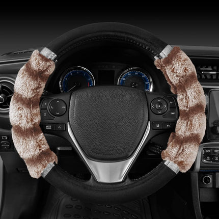 BDK Bear Fur Steering Wheel Cover, Plush Faux Fur Fuzzy Steering Cover for Car Truck Van SUV, Standard Size Fits Wheels 14.5 - 15 in Diameter, Two Tone Black / Brown with Glitter