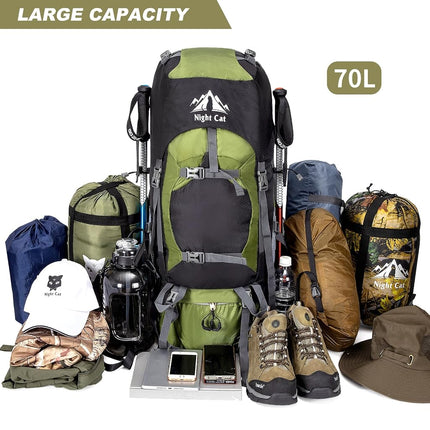 Night Cat Hiking Backpacks 70L Camping Backpacking Packs for Men Women Lightweight Outdoor for Mountaineering Traveling, No Internal Frame
