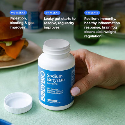 BodyBio Butyrate with Sodium - Supports Healthy Digestion, Gut & Microbiome - Increases Leptin Production for Appetite Control - No Fillers or Additives - 60 Capsules