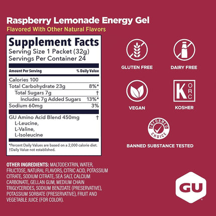 GU Energy - Energy Gels - Raspberry Lemonade Raspberry Lemonade Box of 24