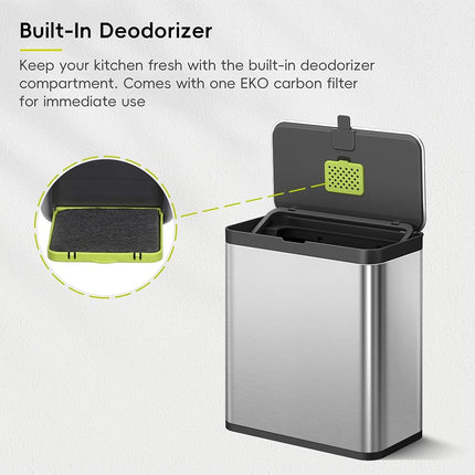 EKO Stainless Steel Kitchen Food Waste Compost Bin with Removable Inner Bucket and Deodorizer Compartment, 7L / 1.85 Gal Wall-Mounted Kitchen Trash Can with Swing Lid (Stainless & Black)