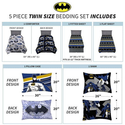 Juego de edredón y sábanas Franco con funda, microfibra, Batman, tamaño individual de 5 piezas