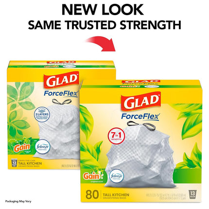 Glad Tall Kitchen Drawstring Trash Bags - OdorShield 13 Gallon White Trash Bag, Gain Original with Febreze Freshness - 80 Count