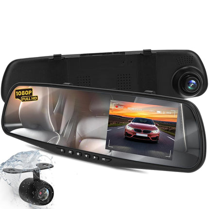 Pyle Dash Cam Rearview Mirror - 4.3� DVR Monitor Rear View Dual Camera Video Recording System in Full HD 1080p w/Built in G-Sensor Motion Detect Parking Control Loop Record Support - Pyle PLCMDVR49