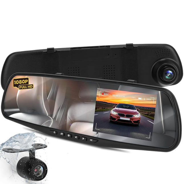 Pyle Dash Cam Rearview Mirror - 4.3� DVR Monitor Rear View Dual Camera Video Recording System in Full HD 1080p w/Built in G-Sensor Motion Detect Parking Control Loop Record Support - Pyle PLCMDVR49