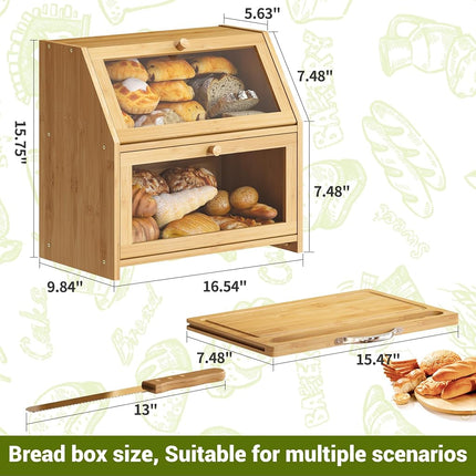 BMOSU Bread Box With Cutting Board - Kitchen Storage Organizer, Farmhouse Countertop Double Bamboo Wood Box (Natural)