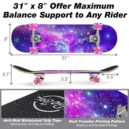 BELEEV Skateboards, 31 x 8 inch Complete Skateboard for Beginners, 7 Layer Canadian Maple Double Kick Deck Concave Cruiser Trick Skateboard for Kids Teens & Adults -Purple