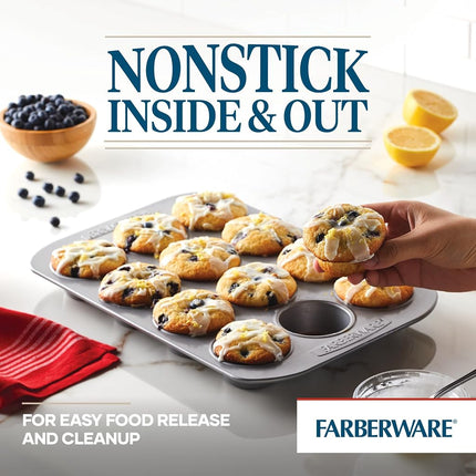 Farberware Nonstick Bakeware 12-Cup Muffin and Cu-Pieceake Pan, Gray