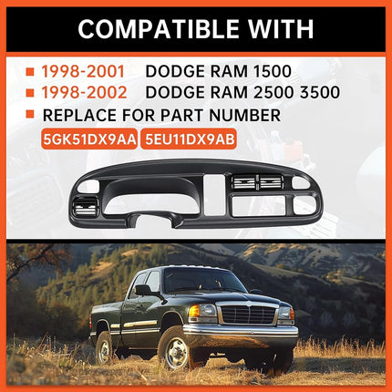 ECOTRIC Dash Board Cluster Bezel Cover Compatible with 1998-2002 Dodge Ram 1500 2500 3500 Instrument Pad Panel Dashboard Kit w/Vents Replacement for 5GK51DX9AA 5EU11DX9AB - Clips Included