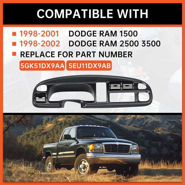 ECOTRIC Dash Board Cluster Bezel Cover Compatible with 1998-2002 Dodge Ram 1500 2500 3500 Instrument Pad Panel Dashboard Kit w/Vents Replacement for 5GK51DX9AA 5EU11DX9AB - Clips Included