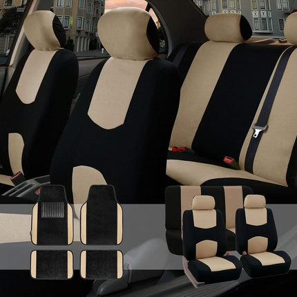FH Group Car Seat Covers Flat Cloth Full Set – Universal Fit for Cars Trucks & SUVs (Beige) FB050115 + F14407