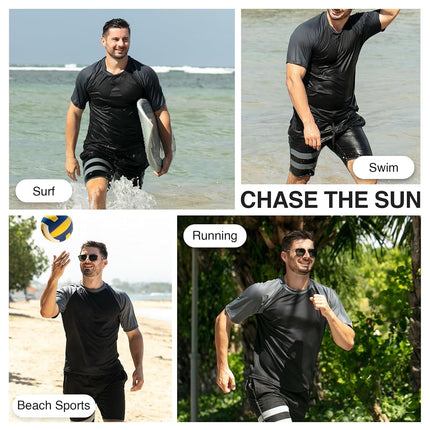 Kanu Surf Mens Short Sleeve UPF 50 Swim Shirt Rash Guard Sun Shirt (Regular & Extended Sizes), Contrast Black, Large