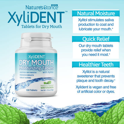 Pastillas de Xilitol XyliDENT de Nature's Stance para el alivio de la boca seca - Estimula la saliva, refresca el aliento, reduce la producción de ácido, alivio de acción rápida, 100 unidades (Gaulteria)
