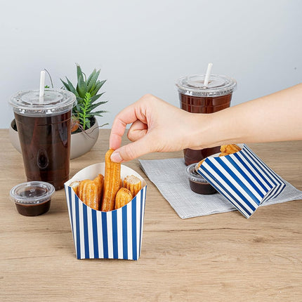 Restaurantware-Bio Tek 4.5 x 3.2 x 3.9 Inch French Fry Cup, 100 Disposable Snack Cups - Stackable, Sustainable, Blue and White Paper 3 Ounce Fry Holder, for Fries, Onion Rings, Popcorn, or Cookies