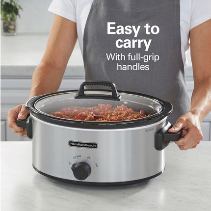Hamilton Beach Slow Cooker, 6 Quart (5.7 L), Silver, 3 Heat Settings, Dishwasher Safe Stoneware Crock and Glass Lid, Serves 7+, Model 33665G