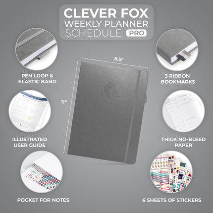 Clever Fox Planner PRO Hourly, Undated Weekly & Monthly, Gray
