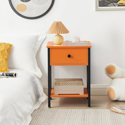 VECELO Nightstands Set of 2, Modern Bedside End Tables, Night Stands with Drawer and Storage Shelf for Living Room Bedroom, Industrial Metal Frame, Orange