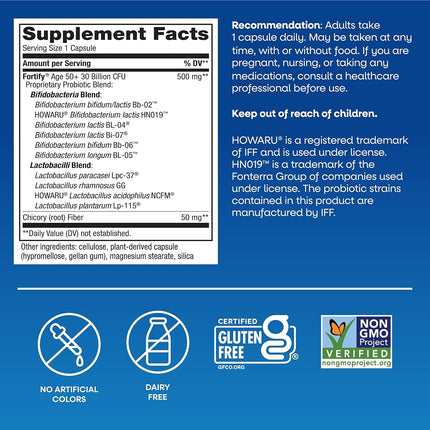 Nature's Way Primadophilus Fortify Age 50+ Probiotic, 30 Billion Active Cultures, Acidophilus, Guaranteed Potency, Researched Strains, Delayed Release, 30 Vegetarian Capsules, Gluten-Free