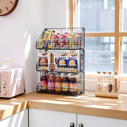 X-cosrack 3 Tier Large Stackable Snack Organizer - Versatile Wall Mounted Wire Storage Basket with Divider for Candy Chip Cans Bars - Ideal for Pantry Office Home